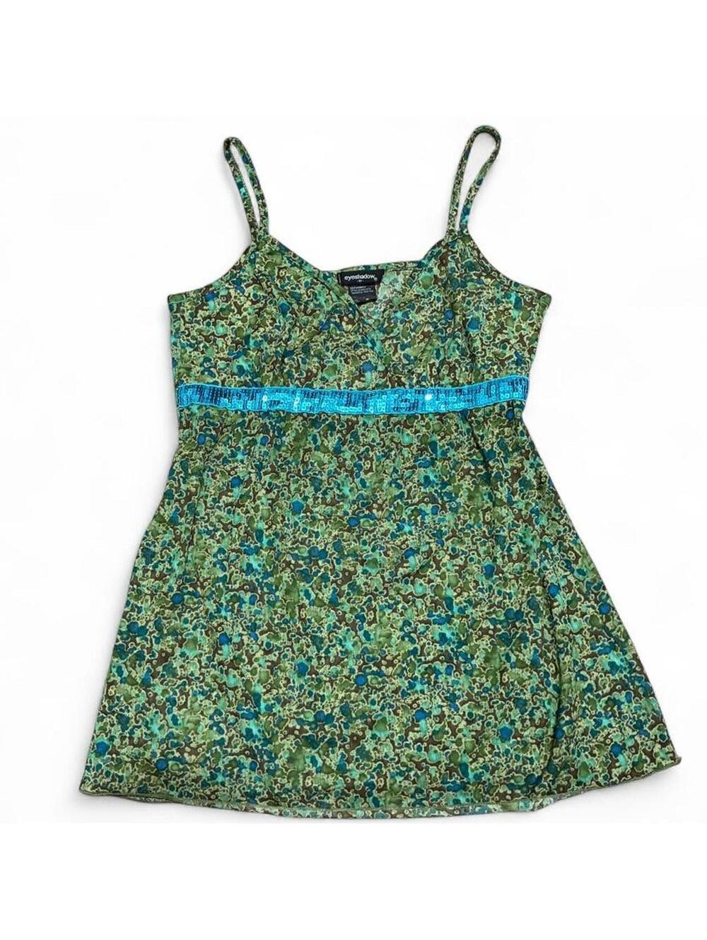 Eyeshadow Y2K Green Abstract Print Babydoll Tank Top Sequin Size M